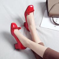 2020方头粗跟单鞋女鞋高跟鞋浅口百搭中跟小皮鞋女工作鞋红色婚鞋