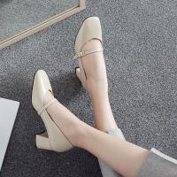 2020春季新款百搭方头粗跟单鞋女鞋中跟浅口一字扣工作鞋玛丽珍鞋