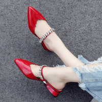 包头半拖鞋女夏粗跟真皮尖头水钻外穿凉拖红色2020新款低跟穆勒鞋