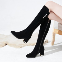 秋冬季不过膝靴中长靴女长筒靴高跟鞋粗跟尖头瘦腿靴磨砂高筒靴