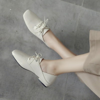 2020春季新款小白鞋深口系带平底女鞋英伦低跟方头小皮鞋粗跟单鞋