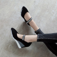 坡跟厚底高跟鞋防水台单鞋女尖头松糕鞋通勤百搭浅口工作鞋乐福鞋