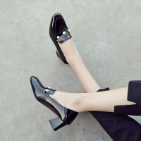 2020新款浅口粗跟方头单鞋女鞋中跟工作英伦小皮鞋乐福懒人鞋百搭