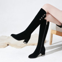 秋冬季长靴女不过膝高跟侧拉链长筒靴尖头粗跟磨砂显瘦加绒高筒靴