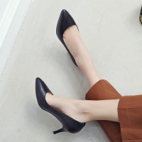 职业高跟鞋女尖头浅口春秋季单鞋真皮黑色中跟细跟百搭大码工作鞋