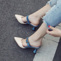 2020新款室外外穿尖头时尚拖鞋女夏包头凉鞋高跟半拖鞋粗跟凉拖女