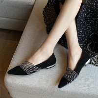 2020春季新款尖头浅口平底单鞋女鞋真皮百搭水钻网面平跟软底瓢鞋