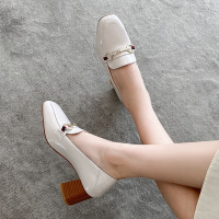 2020春季新款方头高跟鞋粗跟单鞋女英伦风小皮鞋一脚蹬乐福鞋大码