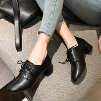 深口粗跟单鞋女2020春秋方头系带高跟鞋女百搭中跟英伦工作小皮鞋