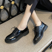 2020新款春秋网红真皮深口系带厚底单鞋女鞋英伦风黑色平底小皮鞋
