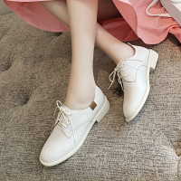 白色小皮鞋女平底工作英伦风系带深口鞋平跟圆头真皮单鞋女鞋大码
