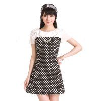 卡莱施2014夏短袖韩版修身显瘦复古黑白波点气质连衣裙