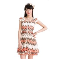 夏季新品针织勾花收腰显短袖瘦修身气质波浪花纹连衣裙短裙