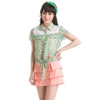卡莱施夏季新品下摆打结系带清纯甜美韩版时尚百搭雪纺碎花衬衫