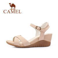 Camel骆驼女鞋 磨砂皮腕带搭扣坡跟凉鞋 简约女士高跟鞋子