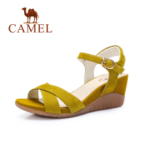 Camel骆驼女鞋 磨砂皮腕带搭扣坡跟凉鞋 简约女士高跟鞋子