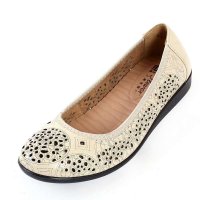 正品上海花牌小码33-40大码夏季新款头层牛皮平跟女单鞋 缕空透气中老年单鞋K1668