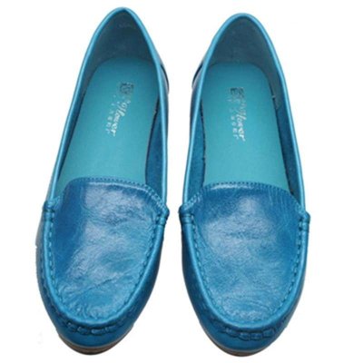 正品夏季女鞋新款花牌平跟尖头单鞋头层牛皮透气豆豆鞋 蓝黄桔色6221