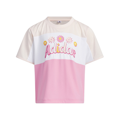 adidas 童装 字母Logo花朵图案印花拼色圆领短袖T恤 女童 粉红色 IA9273