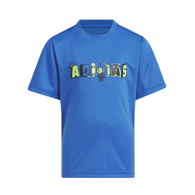 adidas 童装 卡通手绘字母印花速干运动休闲短袖T恤 男童 空军蓝 IQ1008