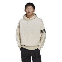 adidas originals三叶草 Logo印花图案条纹抽绳连帽长袖卫衣 男款 米色 HM1870