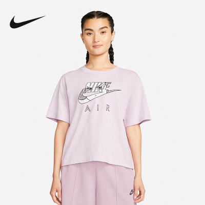 Nike Sportswear Boxy 大Logo印花圆领套头短袖T恤 女款 粉紫 DQ3269-530