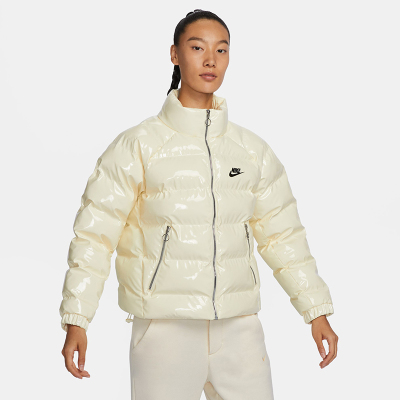 Nike 纯色Logo标识亮面立领长袖棉服 女款 白色 FQ3575-113