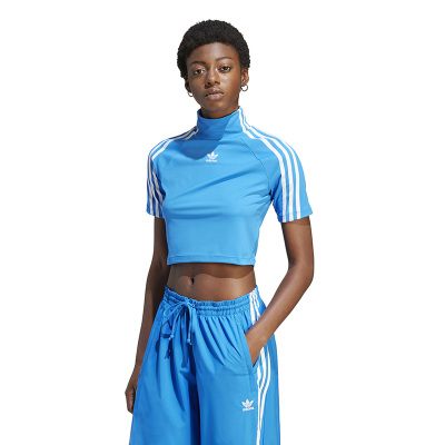 adidas originals三叶草 辣妹系列 三道杠Logo刺绣紧身短款高领短袖T恤 女款 蓝色 IV9321