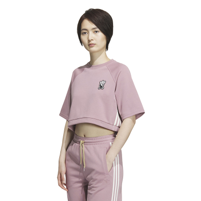 adidas originals三叶草 条纹拼色短款圆领运动短袖T恤 女款 魔幻紫粉 IN1007