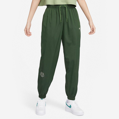 Nike Sportswear 纯色Logo标识束脚高腰梭织针织运动裤 女款 树茎绿 FQ7008-306