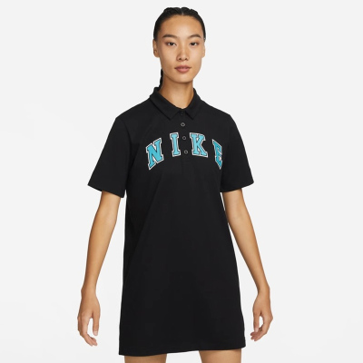 Nike Sportswear 字母印花Polo领针织短袖连衣裙 黑色 FQ7010-010
