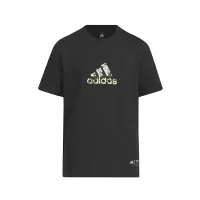 adidas 童装 Cotton Tee Logo字母熊猫印花罗纹圆领短袖T恤 男童 黑色 IN7022