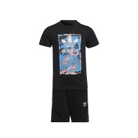 adidas originals 童装 纯色圆领印花短袖T恤抽绳直筒短裤运动套装 男童 黑色+黑色 HK0332