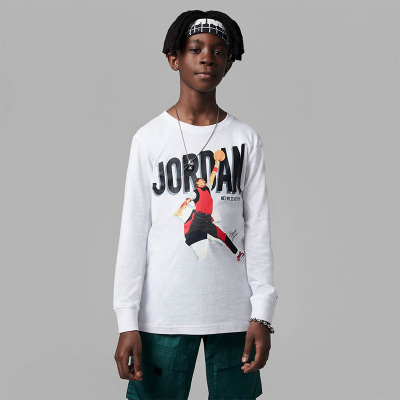 耐克Jordan 童装 字母Logo投篮图案印花长袖T恤 男童 白色 FJ6377-100