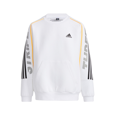 adidas 童装 Logo字母印花图案条纹圆领套头长袖卫衣 男童 白色 H07283