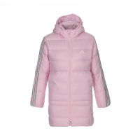 adidas 童装 Logo条纹中长款连帽羽绒服外套 冬季 女童 粉红色 HD0385