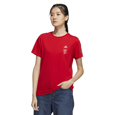 adidasGfx Tee 卡通兔刺绣Logo运动休闲圆领短袖T恤 女款 红色 HZ3005