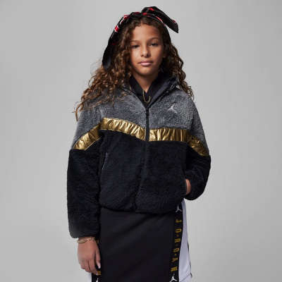 耐克Jordan 童装 字母Logo拉链珊瑚绒立领夹克外套 女童 黑色 FD5041-010