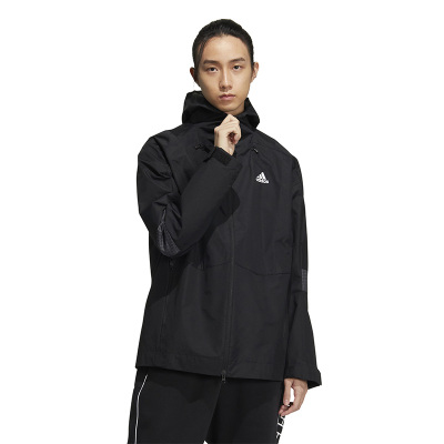 adidas 对比色品牌Logo印花纯色连帽夹克外套 男款 黑色 HR4436