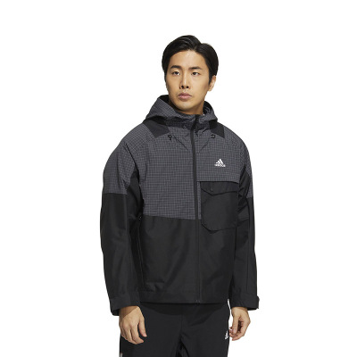 adidas Th Vis Wvjkt 印花格子Logo口袋拉链连帽夹克外套 男款 黑色 HN9041