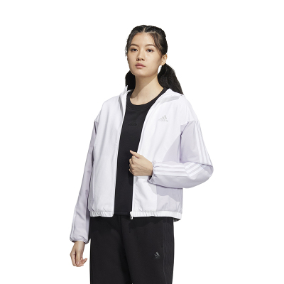 adidas Logo印花条纹运动连帽夹克外套 女款 白银色 HY2875