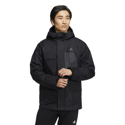 adidas 拉链品牌logo刺绣纯色连帽羽绒服 男款 黑色 HN2135