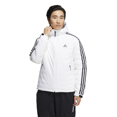 adidas 纯色Logo条纹印花连帽拉链羽绒服 男款 白色 HN2122