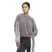 adidas originals Logo条纹印花连帽套头卫衣 女款 灰粉色 IC8139