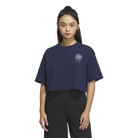 adidas originals Logo刺绣印花图案罗纹圆领宽松短袖T恤 女款 深靛蓝 IP1757