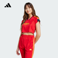 adidas阿迪达斯V领上衣2024夏女红色足球风高腰短款短袖T恤IZ2091