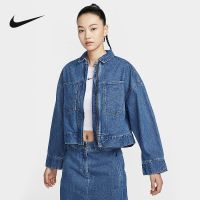 NIKE耐克女子刺绣小标百搭复古翻领短款运动牛仔外套HQ1471-441