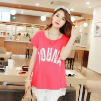 佑娜孕妇装 孕妇2014夏装 新款时尚韩版字母印花T恤下摆拼接蕾丝Y6238