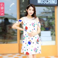 佑娜 孕妇连衣裙 夏装新款个性印花无袖露肩连衣裙 欧根纱拼接孕妇装 6318