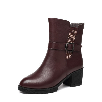 红蜻蜓短靴女冬季牛皮加绒女靴羊毛短靴棉皮鞋女中跟靴子带水钻羊毛